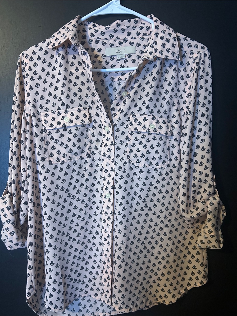 LOFT Pink Button-Down Shirt with Navy Geometric Print